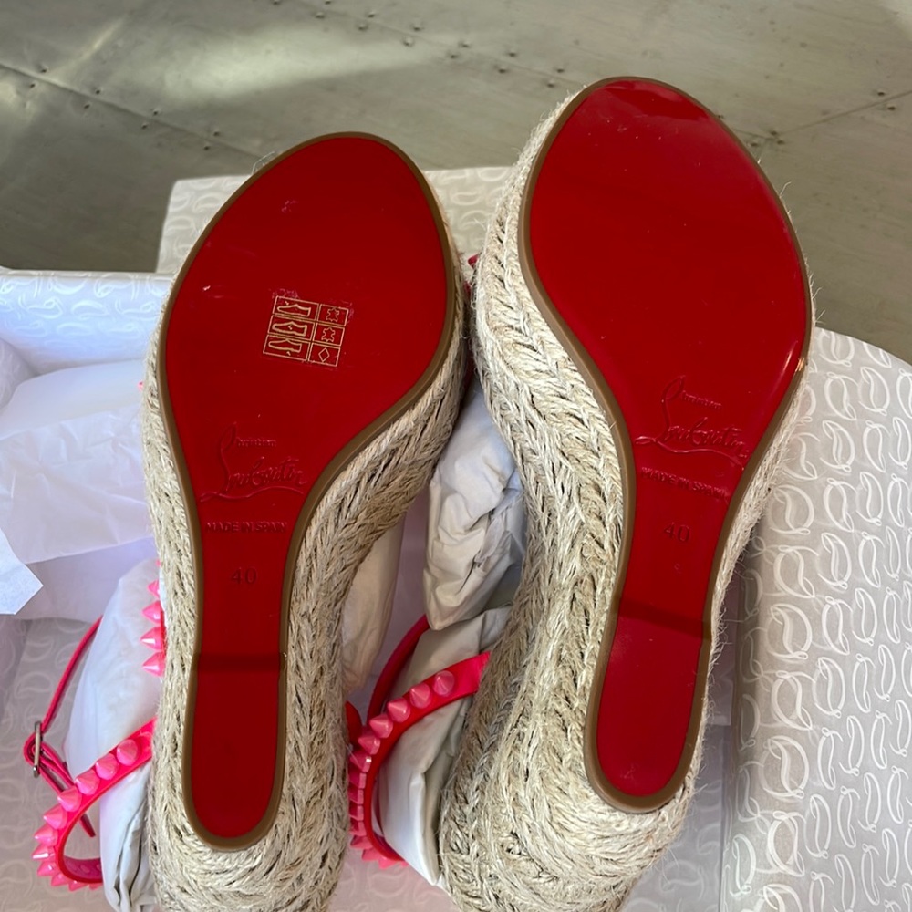 Christian louboutin mafaldina 120mm wedge espadrille pink neon sandal sz 40 - Picture 10 of 14